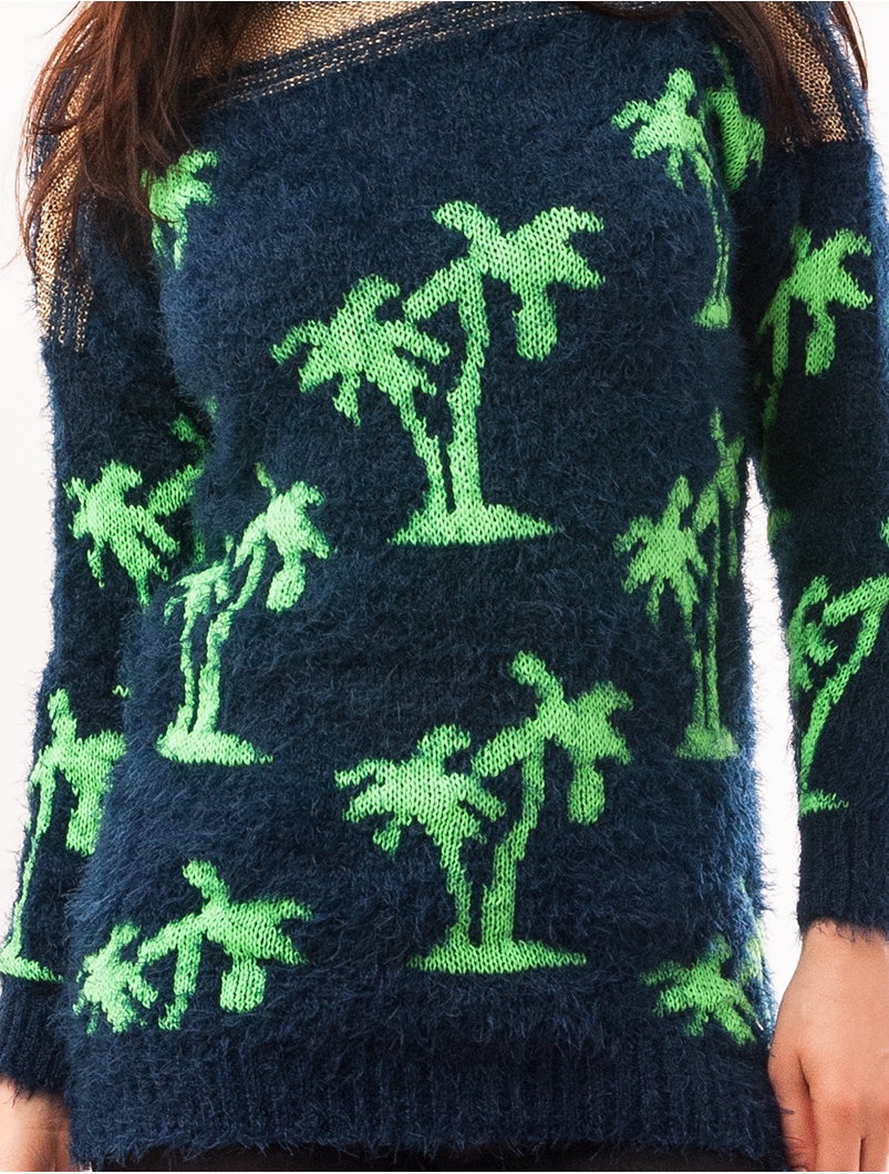 Pulover Dama Cu Model Cu Palmieri Palms Bleumarin Si Verde