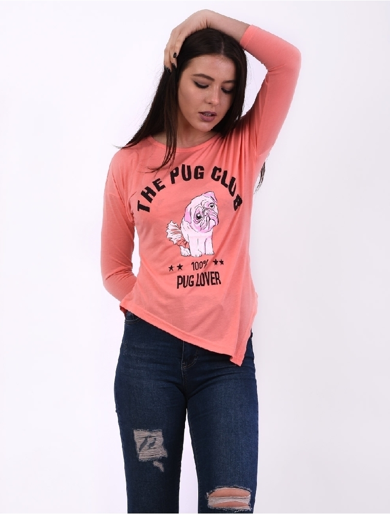 Bluza Dama Cu Imprimeu Pug Lover Corai