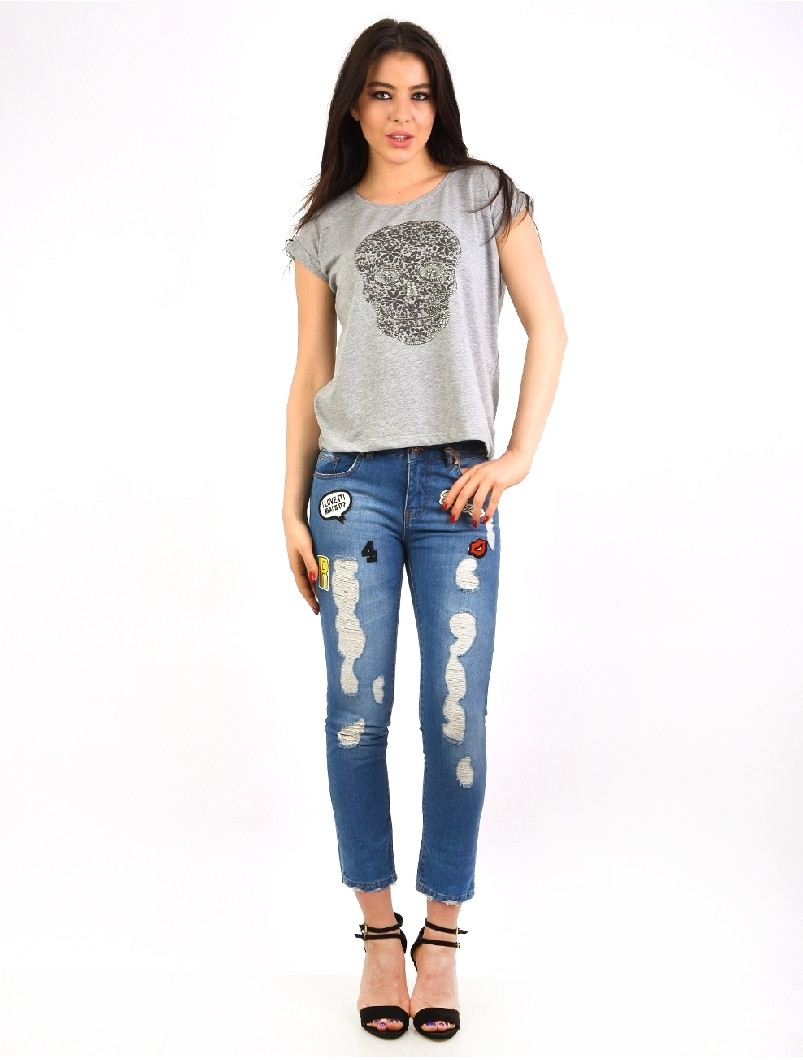 Jeans Dama Cu Rupturi Si Aplicatii Decorative Relaxed Albastri