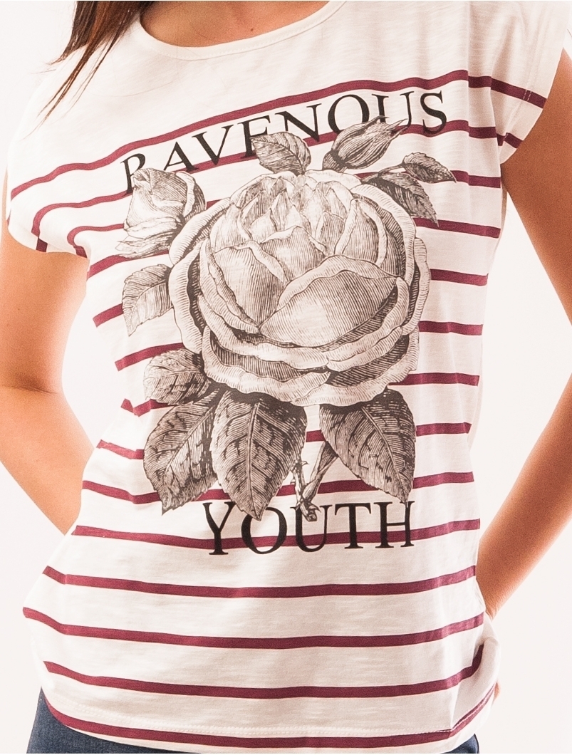 Tricou Dama Cu Imprimeu Floare Si Dungi Youth Crem