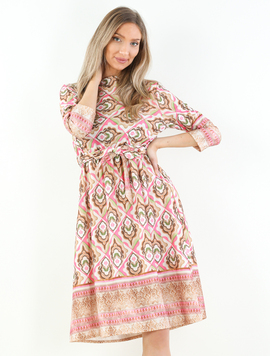Rochie Dama GizehPrint Bej cu Fucsia