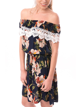 Rochie Din Panza Cu Broderie Stylish Plantes Bleumarin si Bej