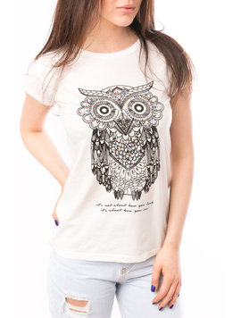 Tricou Dama Cu Bufnita Si Strasuri Easy Crem