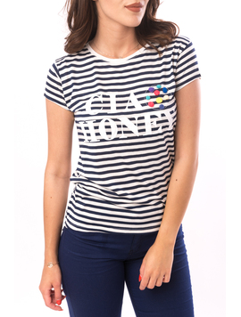Tricou Dama In Dungi Cu Imprimeu Cia Honey Alb si Bleumarin
